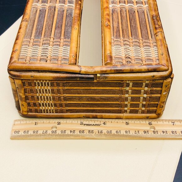 60s Burnt Tortoiseshell Bamboo Tissue Box Cover Midcentury Tiki Boho Bathroom - Picture 8 of 10